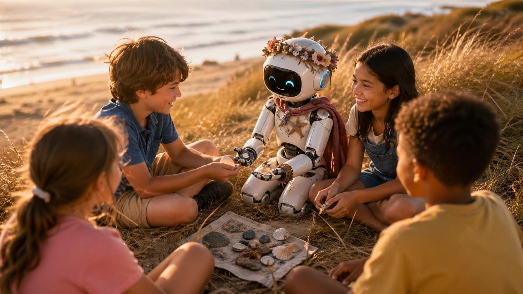 Children and a friendly robot playing together on a beach at golden hour